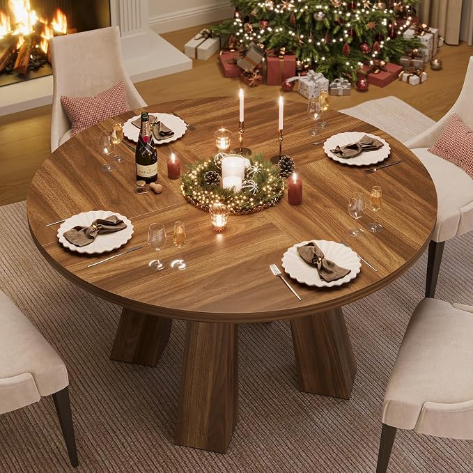 IDEALHOUSE 47" Round Dining Table for 4-6, Wood Kitchen Table with Sturdy Base, Farmhouse Circle Dinner Table for Dining Room, Living Room, 4 Strong Legs, Walnut