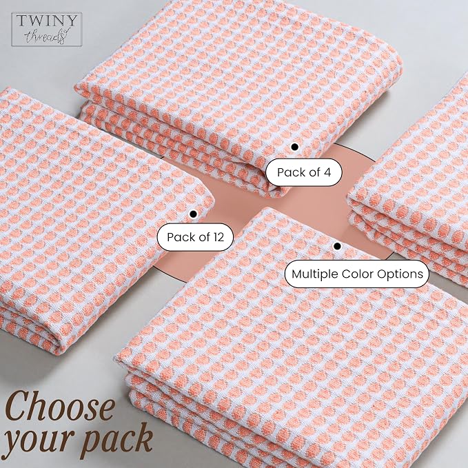 TWINY threads Circle Waffle Dish Towels 4 Pack, 16x26 Inches, 100% Cotton, Soft, Breathable, Durable, High Absorbency Dishcloth Set, Perfect for Daily Kitchen Use, Drying Glassware, Light Orange