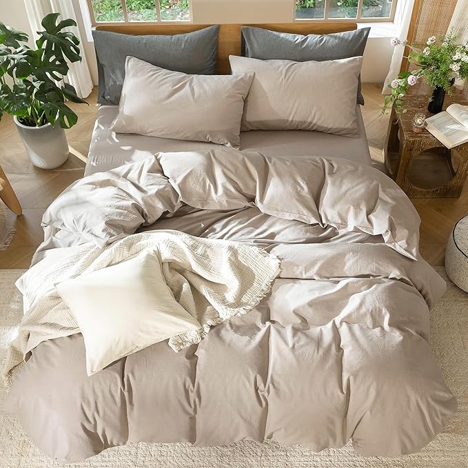 MooMee Bedding Duvet Cover Set 100% Washed Cotton Linen Like Textured Breathable Durable Soft Comfy (Heathered Taupe, King 104"x90")