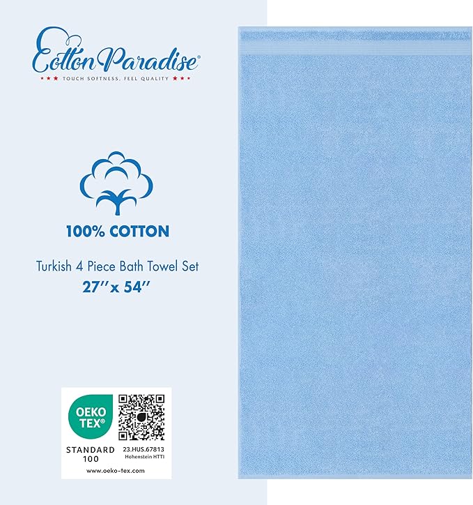 Cotton Paradise 100% Cotton Turkish Towel Set, Soft Absorbent Quick Dry, 4 Piece Bath Towel Set, Sky Blue