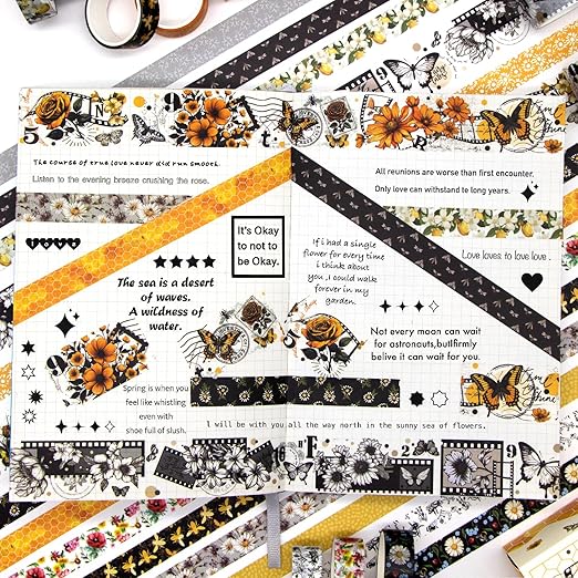 KOVANO Washi Tape Set 14 Rolls, Vintage Bee Floral Butterfly Botanical Washi Tape, Yellow Black Decorative Tapes for Scrapbooking Supplies, Junk Journal, Bullet Journaling, Art Crafts