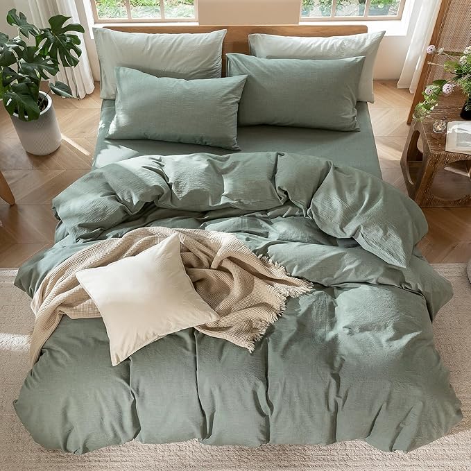 MooMee Bedding Duvet Cover Set 100% Washed Cotton Linen Like Textured Breathable Durable Soft Comfy (Heathered Green, Twin 68"x90")