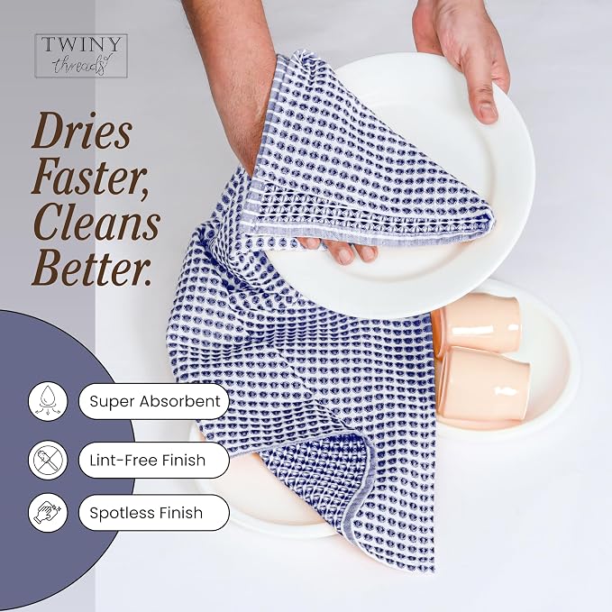 TWINY threads 4 Pack Circle Waffle Tea Towels 16x26 Inches, 100% Cotton, Heavy Duty, Thick, Absorbent, Professional Grade Dish Cloths, Ideal for Restaurants, Bars, Heavy Duty Use, Indigo Blue