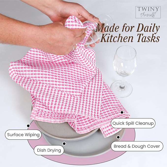 TWINY threads Circle Waffle Kitchen Dish Towels 4 Pack, 16x26 Inch, 100% Cotton, Absorbent, Lightweight, Quick Drying, Multi Purpose Wash Rags, Suitable for Crafting, Embroidery, Household, Baby Pink