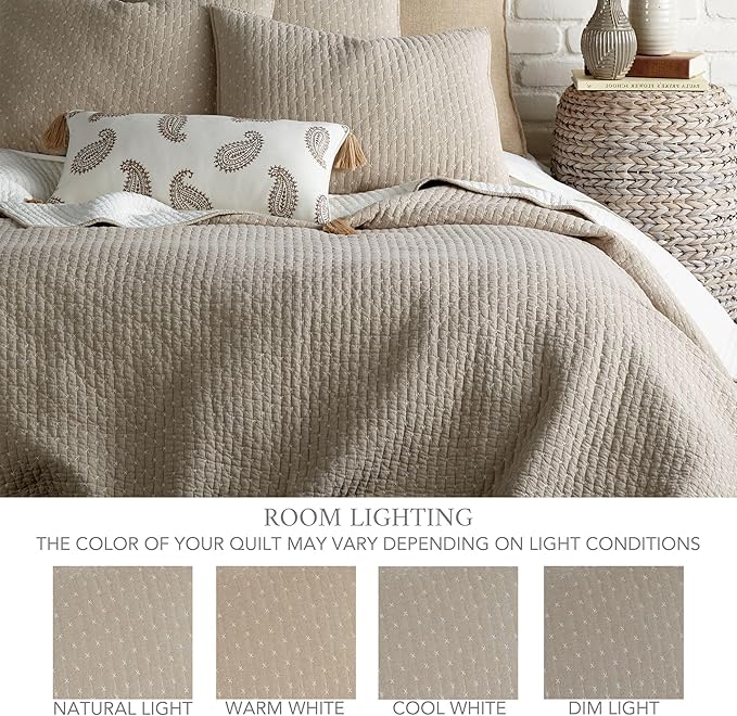 Levtex Home Cross Stitch Reversible Queen Bedspread Set (104x106in) with 2 Pillow Shams (26x20in) - Stitch Texture - Taupe - Cotton Queen Size Bedspread Set - Lightweight, Soft, Pre-Washed