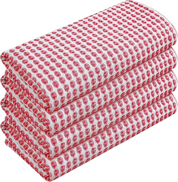 TWINY threads Circle Waffle Dish Towels 4 Pack, 16x26 Inches, 100% Cotton, Durable, Soft, Waffle Weave Hand Cloths, Heavy Duty Wash Rags for Kitchen, Bar, Household, Red