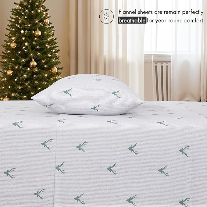 RUVANTI Flannel Sheets Twin XL Size - 100% Cotton Double Brushed Twin XL Sheet Sets, Deep Pockets 16 Inches, All Seasons Breathable & Extra Soft Bed Sheets, Warm & Cozy, 3 Piece, Stag Synphony