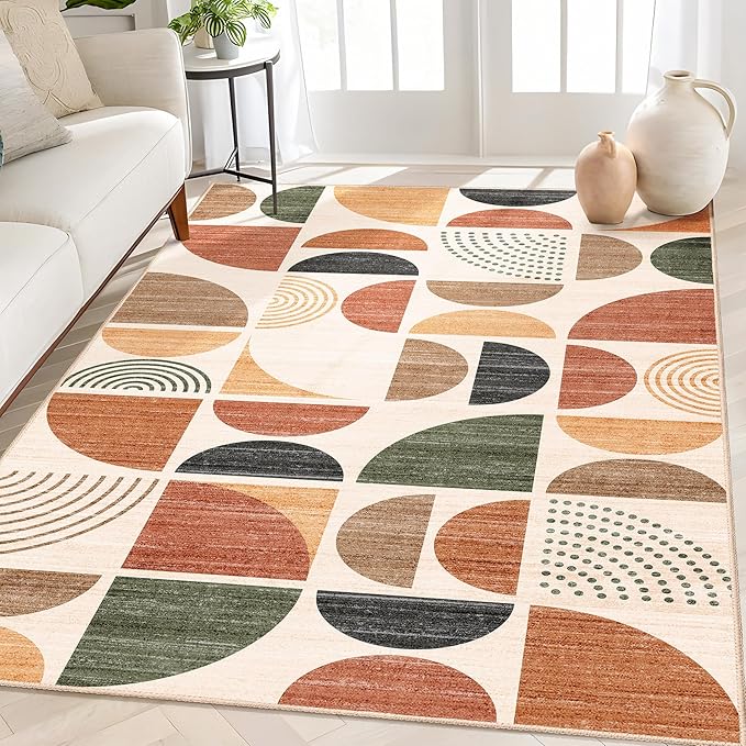 MUJOO Boho Rug Washable,4x6.5 Area Rugs for Bedroom Living Room Bedside Office,Throw Floor Carpet Non Slip Soft Indoor Modern Abstract Bohemian Terracotta