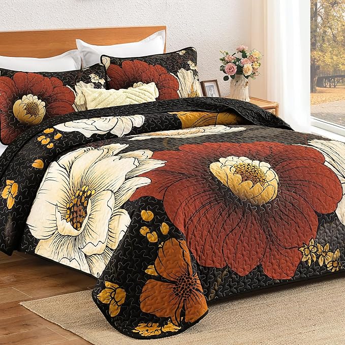Dintszyayue Black Quilt Set Queen, 3 Pieces Red Floral Bedspreads Lightweight Coverlet Set for All Seasons, Reversible Quilted Printed Bedding Set with 2 Pillow Shams