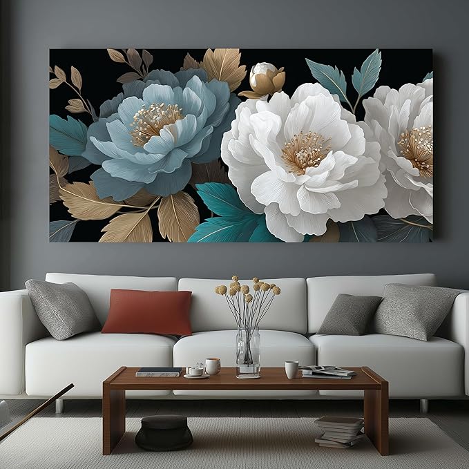 Tarfupth Large White Flower Canvas Wall Art for Bedroom Teal Botanical Gold Artwork for Living Room Office Kitchen Home Modern Canvas Prints 29x58 Inch