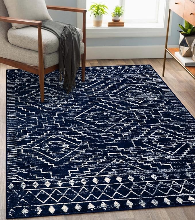 Wonnitar Moroccan Washable Area Rug 4x6, Blue Rugs for Living Room, Non-Slip Boho Bedroom Throw Mat, Non-Shedding Large Geometric Low Pile Floor Carpet for Home Office Mudroom Kitchen (Blue,4'x6')