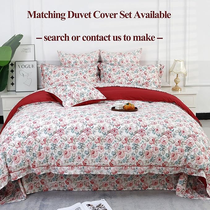 FADFAY Rose Floral Sheets Set King Vintage Red Floral Bedding Shabby Rustic Rose Sheets French Country Farmhouse Bedding 800 Thread Count 100% Egyptian Cotton Deep Pocket Fitted Sheet 4Pcs, King Size