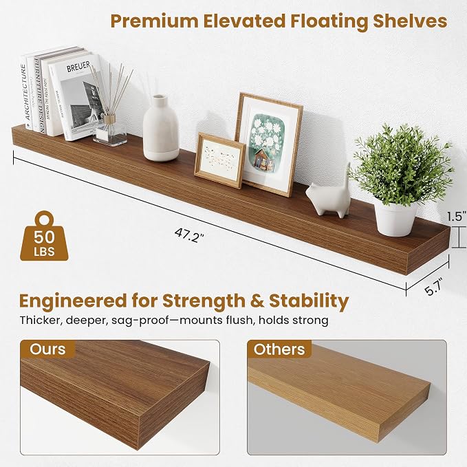 Fun Memories Floating Shelves 48 Inch, Extra Large Wood Shelf Set of 2, Hanging Wall Shelves for Bathroom, Living Room, Kitchen, Bedroom, Walnut
