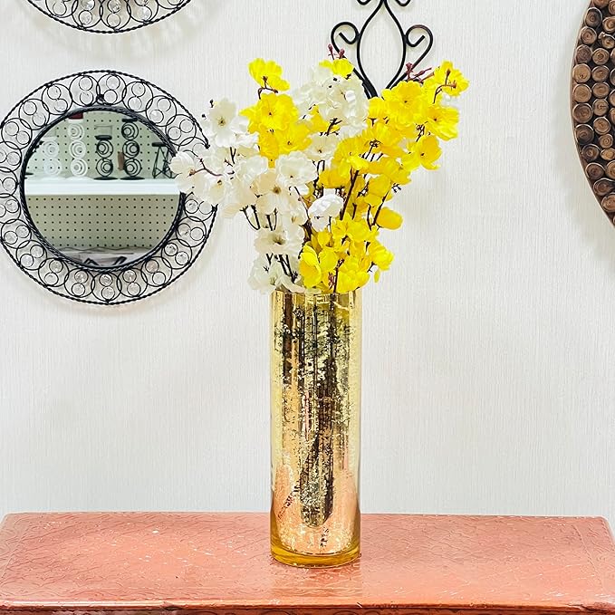 Hosley 12 Inch High Mercury Gold Glass Vase Decorative Glass Hurricane Vase. Ideal for Floral Arrangements Cut Flowers Weddings Aromatherapy DIY Craft Projects Led Lantern Votive Garden Spa