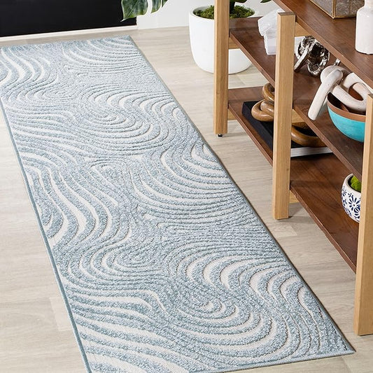 JONATHAN Y Maribo High-Low Abstract Striped Indoor/Outdoor Runner Rug 2x8, Light Blue/Ivory, Contemporary, Vintage, Bohemian, Glam, Bedroom, Kitchen, Living Room, Non Shedding (SCN103C-28)