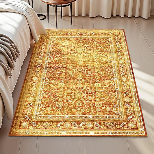 OPPODREAM Vintage Orange Area Rugs 3x5, 3 x 5 Retro Washable Rug Non Slip, Low-Pile Faux Wool Carpet, Distressed Floor Mat for Living Room, Bedroom, Kitchen, Office, Dorm, Dinning Room