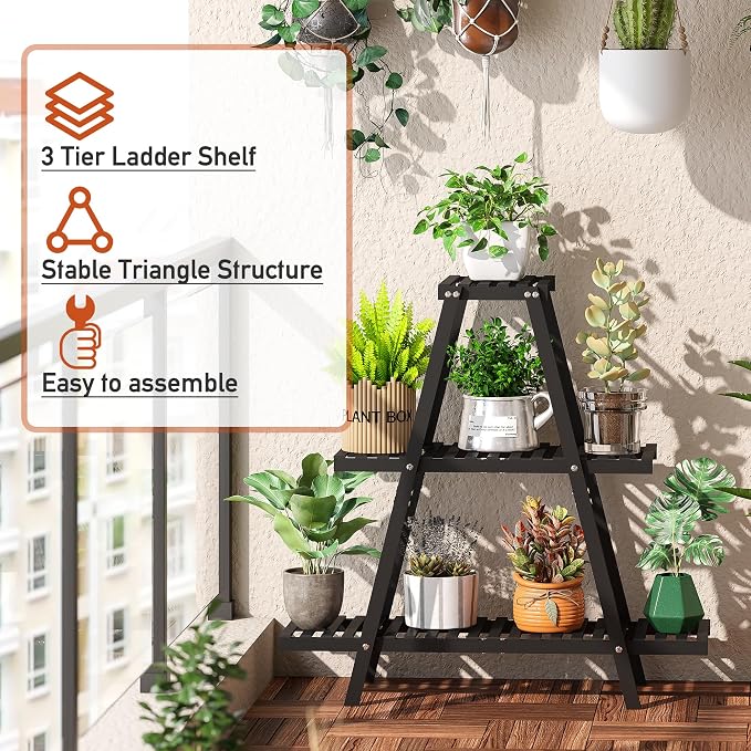 GHWIE Plant Stand Indoor Plant Shelf Outdoor bamboo Plant Rack, 3 Tiers Ladder Plant Holder Flower Stand for Living Room Balcony Garden Patio,Living Room Boho Home Decor for Gardening Gifts (Black)