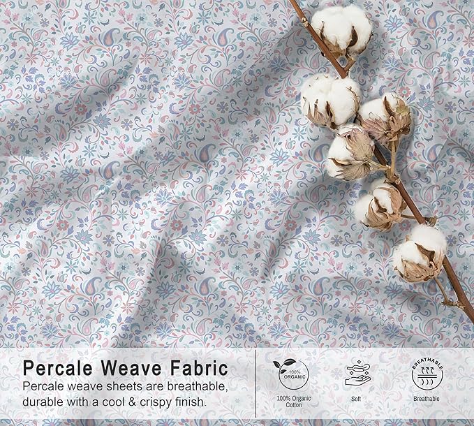 RUVANTI 100% Organic Cotton Sheets California King, Percale Weave, GOTS Certified, 4-Piece Set, Deep Pocket 13", Crisp & Breathable, Soft Durable Bedding, Sábanas Algodón Orgánico – Multi Paisley