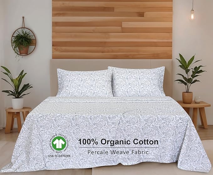 RUVANTI 100% Organic Cotton Sheets Full Size, Percale Weave, GOTS Certified, 4-Piece Set, Deep Pocket 15", Crisp & Breathable, Soft Durable Bedding, Sábanas Algodón Orgánico – Ornate Oasis