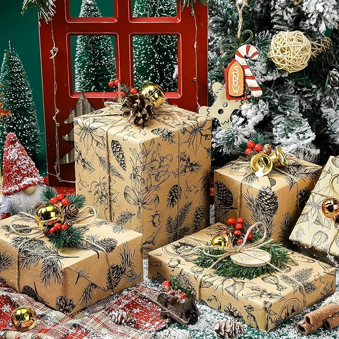 MAYPLUSS Kraft Christmas Wrapping Paper Roll - 3 Mini Roll -17in x120in Per roll,Kraft Vintage Wrapping Paper,Rustic Print for Party,Birthday,Baby Shower,Natural Paper Roll Design (42.3 sqft)