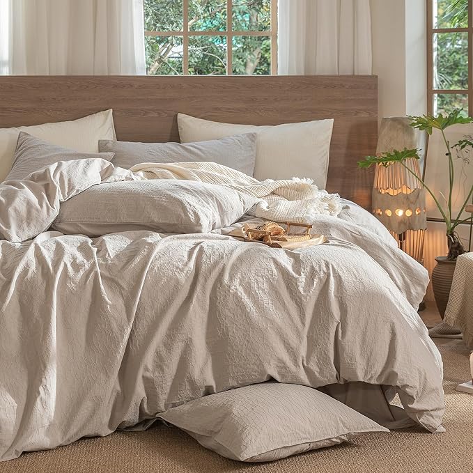 MooMee Wavy Striped Duvet Cover Set 100% Washed Cotton Linen Like Textured Breathable Durable Soft Comfy (Beige, Alaska King 132"x120")