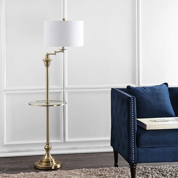 JONATHAN Y 60" Brass Gold Floor Lamp with Integrated Glass Side Table, Modern Swing Arm Standing Lamp for Living Room, White Linen Shade, LED Bulb Included JYL3055A