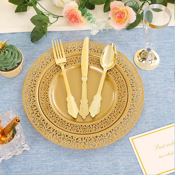 DaYammi 210Pcs Solid Gold Disposable Plates with Silverware and Cups,Christmas Plastic Plates for Party Include: 30 Dinner Plate,30 Dessert Plate,30 Rolled Napkins with Cutlery,30 Cups for Wedding