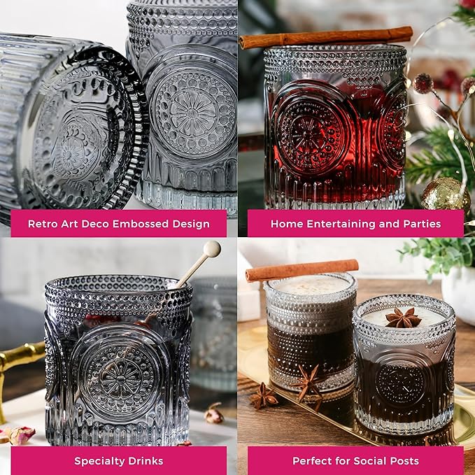 Ribbed Retro Arch Floral Smoke Grey Drinking Glasses Set of 6, (10 oz) Vintage Glassware Set by Kate Aspen| Cocktail Glass Set, Juice Glass, Water Cups | Hostess Gift & Present for New Home Owners