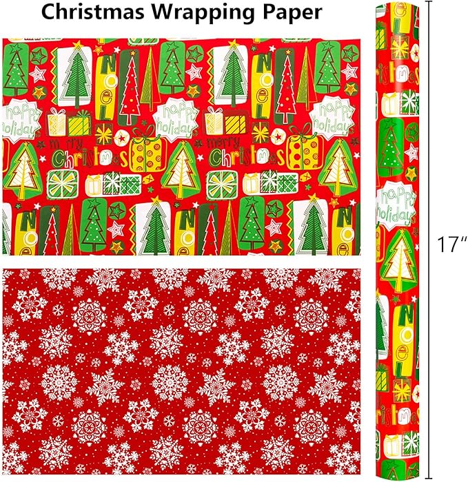 MAYPLUSS Christmas Wrapping Paper Roll, Red and Green Christmas Tree Wrapping Paper, Reversible Modern Holiday Gift Wrap with Trees Presents Snowflakes for Festive Gift Packaging (17 Inch X 33 Feet)
