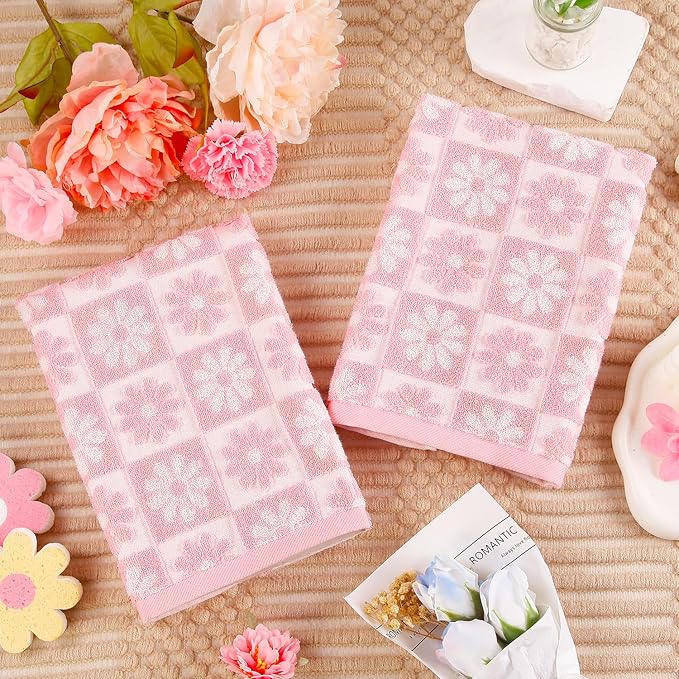 Quera 2 Pack Hand Towels Spring Summer Daisy Pink White Flower Checkered Bathroom Decorative Towels Set for Bath Kitchen Gift Guest Use 13.7'' x 29.5''