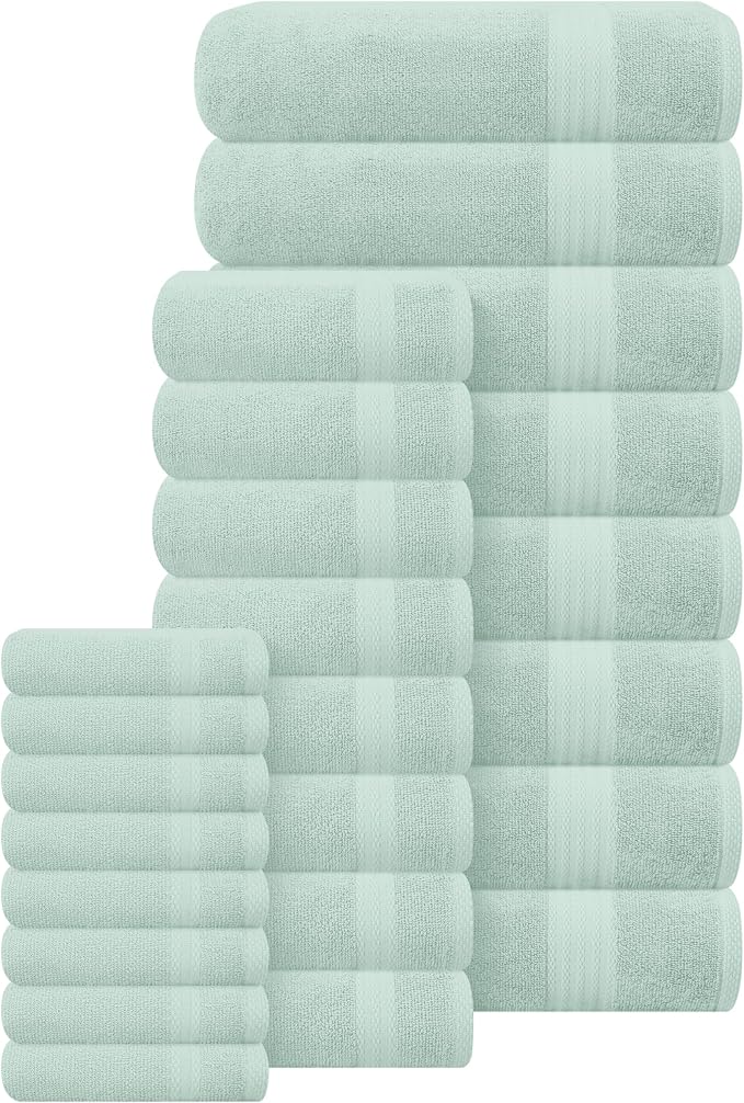 GLAMBURG Ultra Soft 24-Piece Towel Set - 100% Pure Ringspun Cotton, Contains 8 Oversized Bath Towels 27x54, 8 Hand Towels 16x28, 8 Wash Cloths 13x13 - Ideal for Everyday use, Hotel & Spa - Sea Green