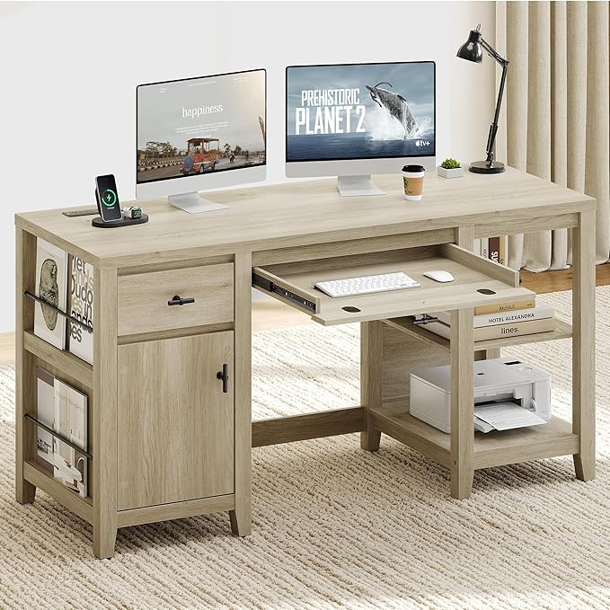 58" Executive Desk with Foldable Keyboard Tray and Charging Station, Farmhouse Wood Home Office Desk with Drawers and Magazine Rack, Large Writing Computer Desk for Home Office and Study, Brown