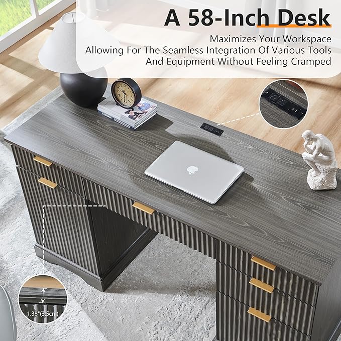JXQTLINGMU 58" Modern Executive Desk with Storage, Wood Home Office Desk with Drawer & Cabinet, Fluted Computer Writing Desk for Study, Living Room, Bedroom, Grayish Green