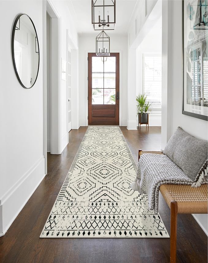 Wonnitar Moroccan Runner Rugs for Hallway 2'6"x10', Washable Non-Slip Extra Long Rug Runner Carpet for Kitchen, Boho Low Pile Throw Mat for Laundry Room Bedroom Bathroom (Beige,2'6"x10')