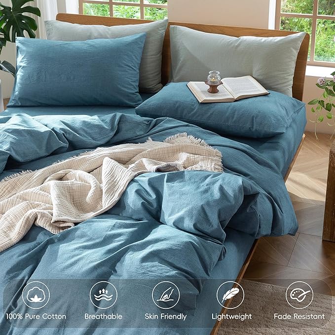 MooMee Bedding Duvet Cover Set 100% Washed Cotton Linen Like Textured Breathable Durable Soft Comfy (Heathered Peacock Blue, Full 80"x90")
