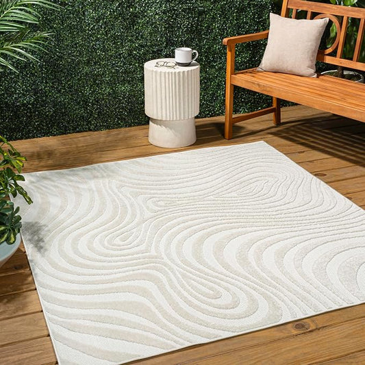 JONATHAN Y Maribo High-Low Abstract Striped Cream/Ivory 5x5 Square Indoor/Outdoor Area Rug, Pet Friendly, Non-Shedding, Stain Resistant, Easy-Cleaning for Backyard, Patio, Porch (SCN103A-5SQ)