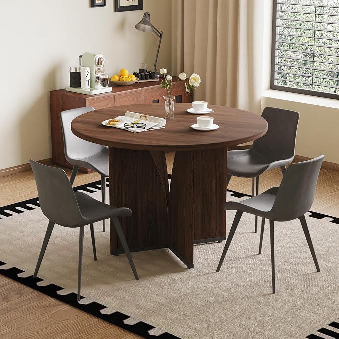 HIPIHOM Modern Round Dining Table Set for 4, 39.4" Walnut Kitchen Table with 4 PU Leather Chairs, 5-Piece Mid-Century Dining Room Set for Small Spaces, Pedestal Base