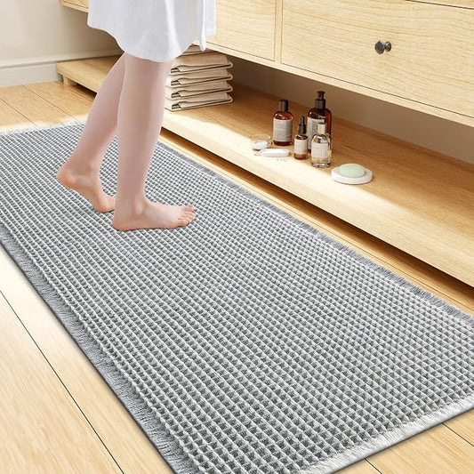 Smiry Waffle Bath Mat 60x24, Extra Soft Absorbent Bathroom Rugs, Non Slip Machine Washable Quick Dry Bath Rugs for Bathroom Floor, Tub, Shower, Home Decor Accessories, Lightgrey & Cream