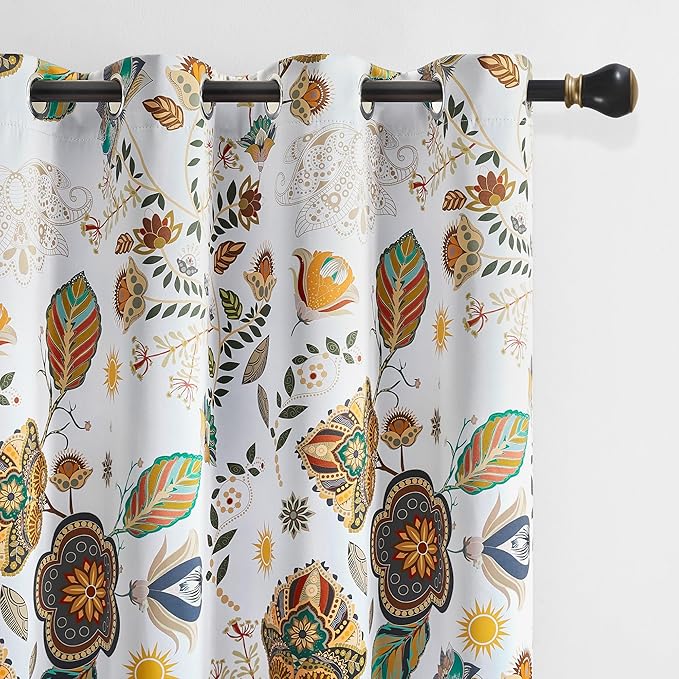 XiDi White Vintage Floral Blackout Curtains 2 Panels for Living Room Bedroom 84 Inches Long Boho Flower Leaf Patterned Curtains Thermal Insulated Mid Century Colorful Grommet Window Drapes 52x84