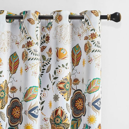 XiDi White Vintage Floral Blackout Curtains 2 Panels for Living Room Bedroom 84 Inches Long Boho Flower Leaf Patterned Curtains Thermal Insulated Mid Century Colorful Grommet Window Drapes 52x84