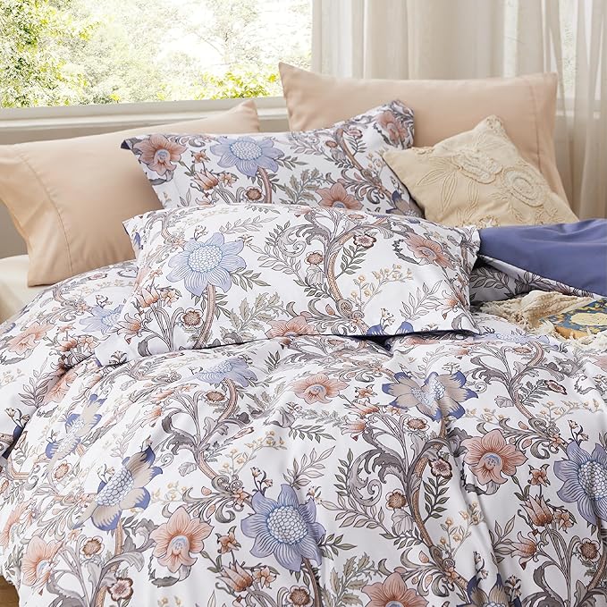 Bedsure Duvet Cover King Size - Reversible Blue Floral Duvet Cover Set with Zipper Closure, 3 Pieces Blossom Patterned Bedding Set with 8 Corner Ties and 2 Pillow Shams 20"x36"