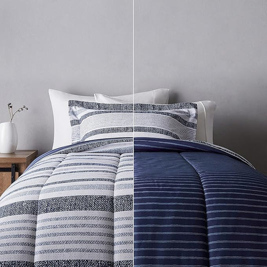 Amazon Basics Twin/Twin XL Size Comforter Sets, Ultra-Soft Lightweight Microfiber Reversible 2-Piece Bedding, Blue Denim/Beige Stripes, Striped