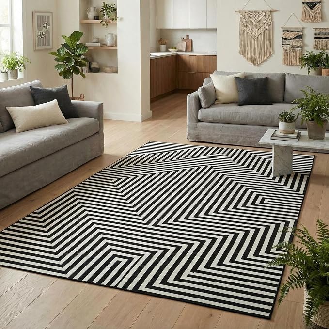 Washable 5x7 Area Rugs for Living Room Abstract Lines Rug Non Slip Soft Bedroom Modern Carpet Low Pile Non Slip Indoor Carpets for Bedroom Dining Home Office Nursery, Black
