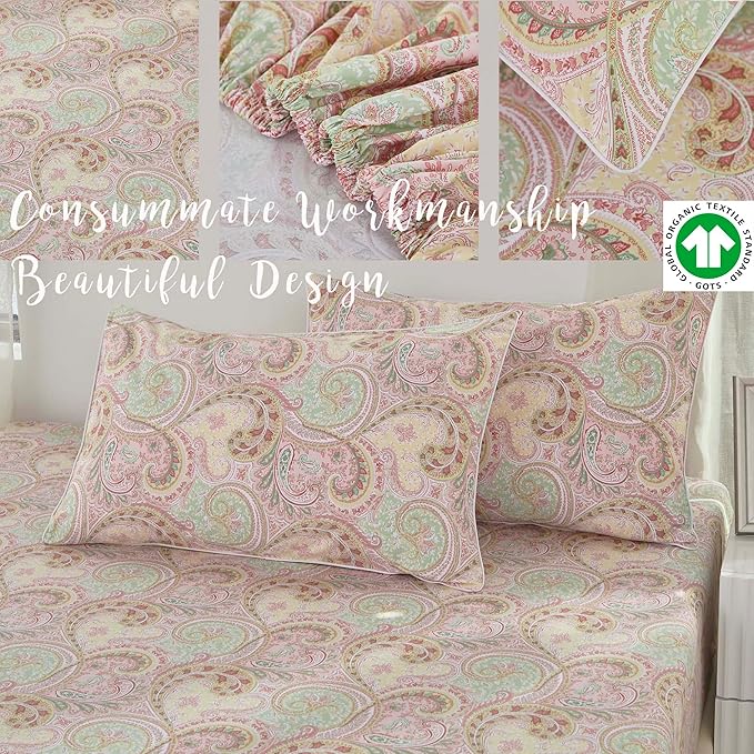 Brandream Boho Paisley Bedding Pink Elegant Watercolor Farmhouse Bed Sheets Set Queen Size Luxury Bedding Collections 800 Thread Count 100% Egyptian Cotton Deep Pocket, 4 Piece