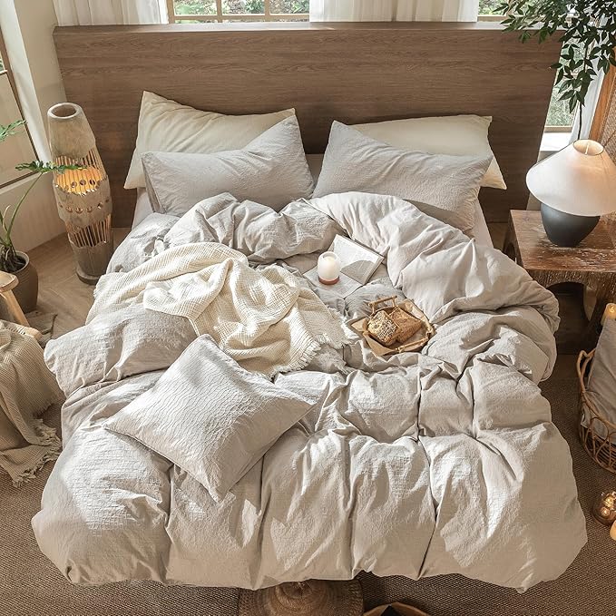 MooMee Wavy Striped Duvet Cover Set 100% Washed Cotton Linen Like Textured Breathable Durable Soft Comfy (Beige, Alaska King 132"x120")