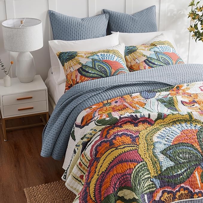Levtex Home - Cross Stitch Chambray Quilt Set - King Quilt + Two King Pillow Shams - Cross Stitched Pattern - Quilt Size (106x92in.) and Pillow Sham Size (36x20in.) - Reversible - Cotton Fabric