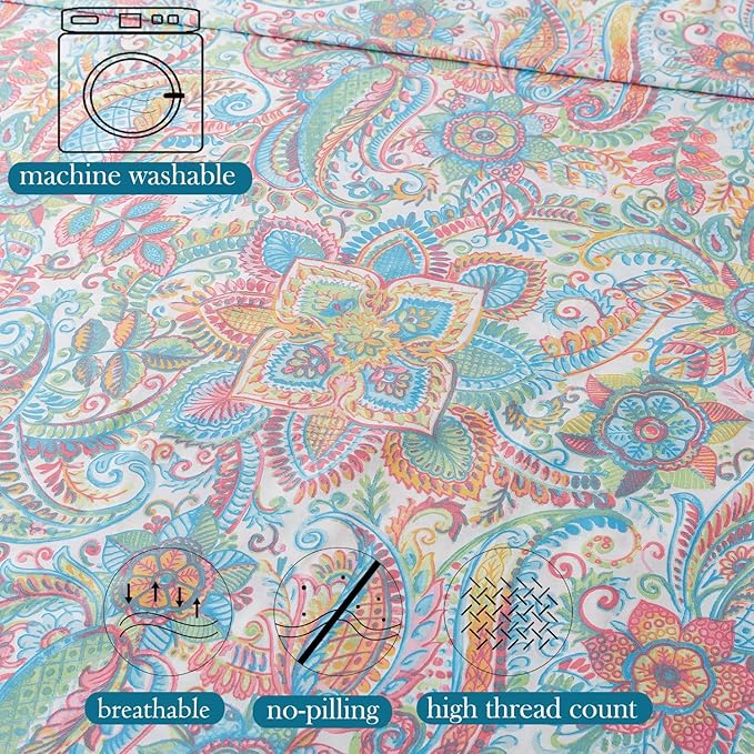 Zusbest Cotton Sheets Full 100% Cotton Pink Green Paisley Floral Bed Sheet Sets Watercolor Bedding Luxury Soft Breathable Crispy Cooling Percale Sheets 17.5'' Girls Deep Pocket Full Bed Set, 4 Pcs