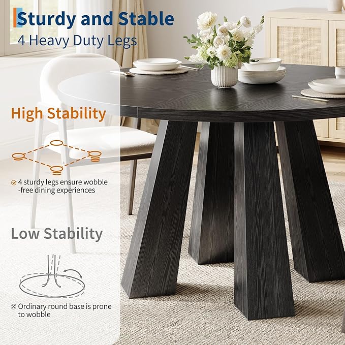 IDEALHOUSE 47" Round Dining Table for 4-6, Wood Kitchen Table with Sturdy Base, Farmhouse Circle Dinner Table for Dining Room, Living Room, 4 Strong Legs, Black