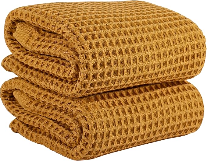 PÜSKÜL Natural 100% Turkish Cotton Waffle Bath Towels Set of 2-Piece | 32x63 Extra Large Absorbent Quick-Dry Lightweight Spa Towel | Luxury Sauna Accessories (Mustard Yellow Bath Towels - Pack of 2)