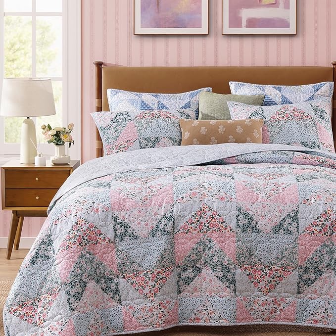 Quilt Set Twin Size, Patchwork Pink Floral Quilt Sets, Reversible Bedspread Lightweight and Breathable for All Seasons, Soft Quilted Bedspread with 1 Pillow Sham